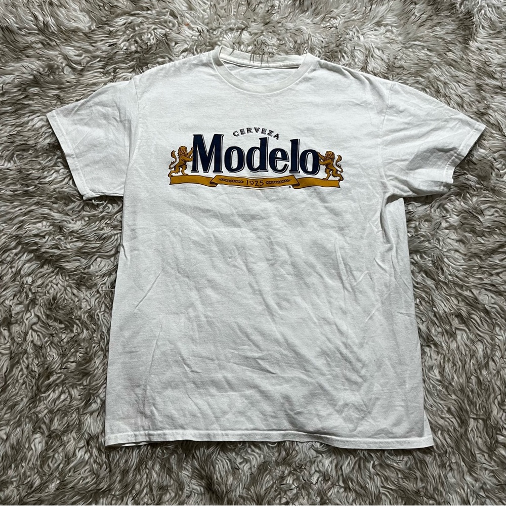 ModelCo White Tee with Navy and Gold Logo
